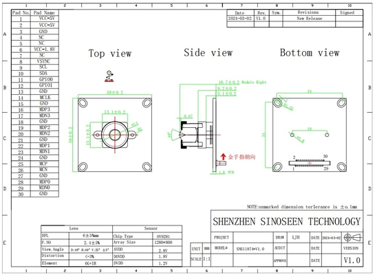 1280*800 Interface MIPI à mise au point fixe à 120 images par seconde avec OV9281 720P CMOS pour système de transport intelligent